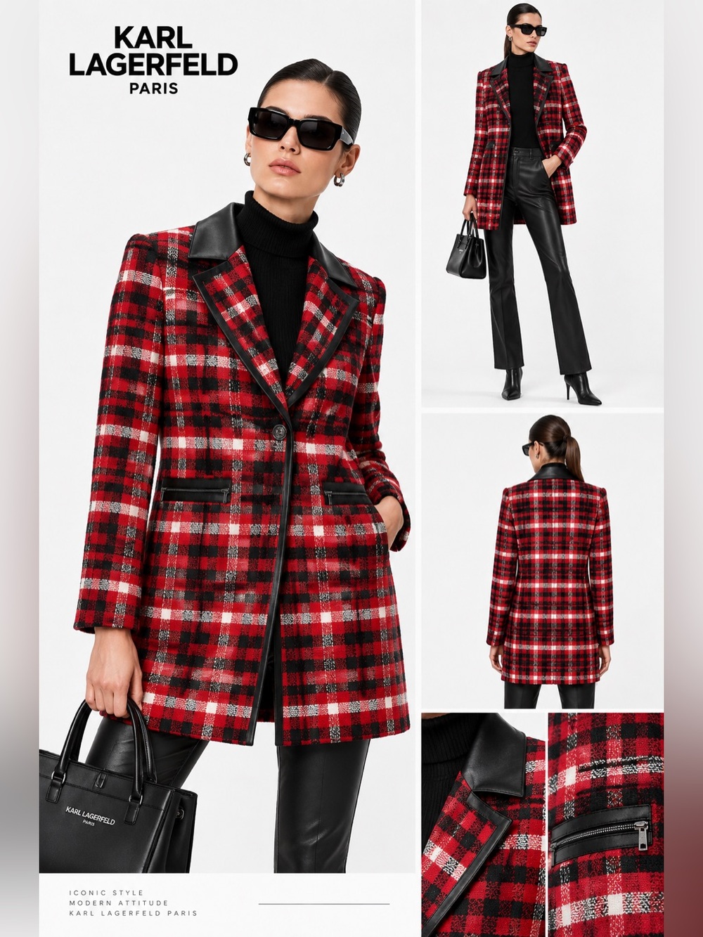 Karl Lagerfeld Paris Plaid Faux Leather Trim Long Blazer Jacket Size 10